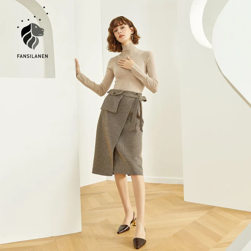 Женская клетчатая юбка-миди fansilавто шерстяная юбка с разрезом карманами поясом и