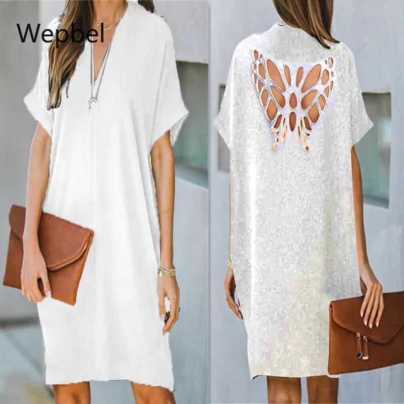 

Wepbel Hollow-out Dresses Solid Color Summer Women Dress V-neck Loose Butterfly Dress Female Straight Streetwear Dress