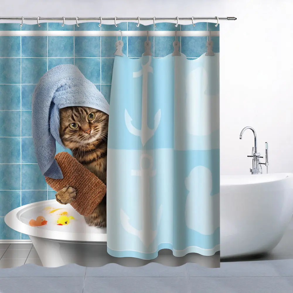 Забавная кошка занавеска для душа Водонепроницаемая полиэфирная ткань ванной