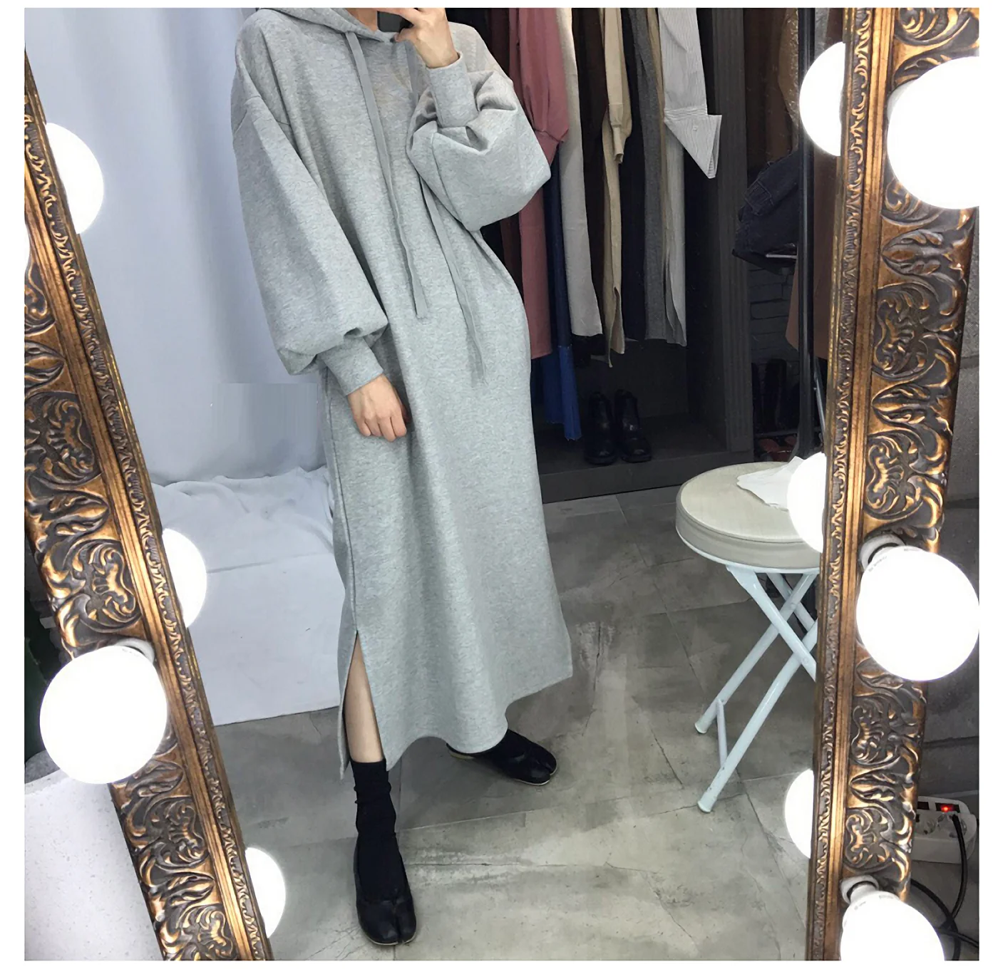 

Chi Autumn Winter Women Long Fleece Thick Hooded Hoodies Sweatshirts Dress Female Full Sleeve Loose Casual Vestidos 2021 S410