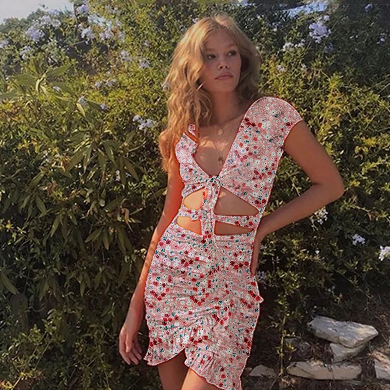 

Boho Mini Dress Sexy Leaky Stomach Folds Shoulder Straps Ruffled Ladies Dress Spaghetti Straps Dress Flora L2021 Dress Women