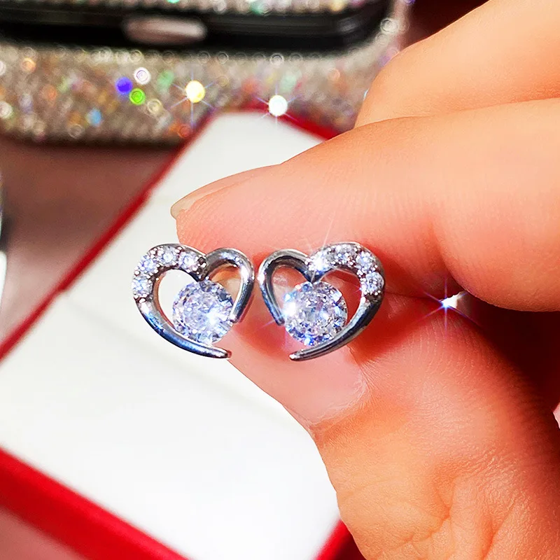

New Simple Silver Color Purple/white CZ Heart Romantic Stud Earrings for Student Children GirlS Anti-allergy Jewelry Gift