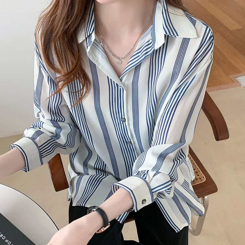 

#5011 рубашка в Вертикальную Полоску, Женская Повседневная шифоновая рубашка с длинным рукавом, Женская свободная корейская модная офисная р...