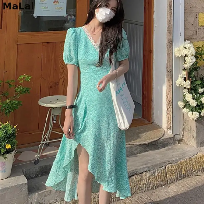 

Korean Short Sleeve Elegant Floral Dresses For Female Summer 2021 Y2k Women Casual Lace-up Desiagn Beach Vintage Midi Sundresses