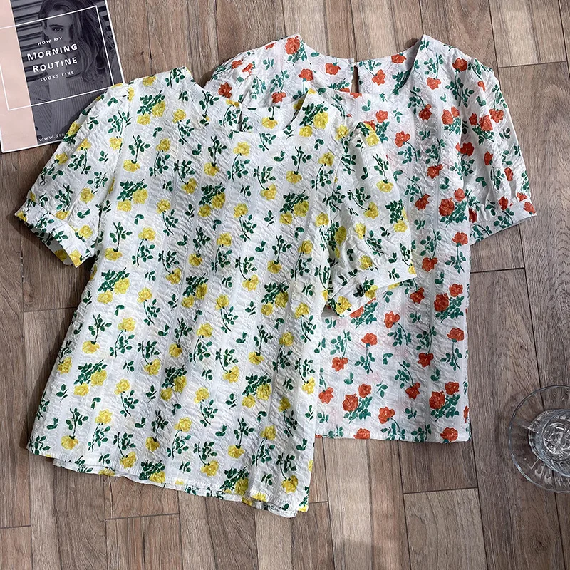 

2021 Summer Floral Print Women Blouses O Neck Puff Sleeve Loose Casual Tops Elegant Fashion Straight Female Blouse