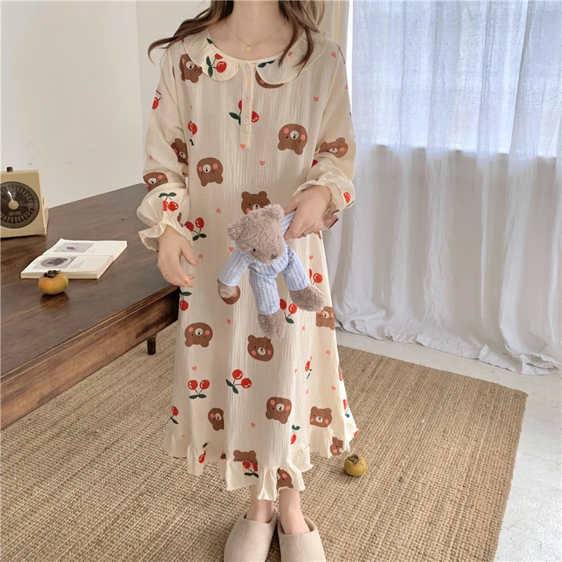 

gauze crepe pure cotton nightgown comfortable sweet bear cherry print sleepdress home clothes ruffles peter pan autumn L831