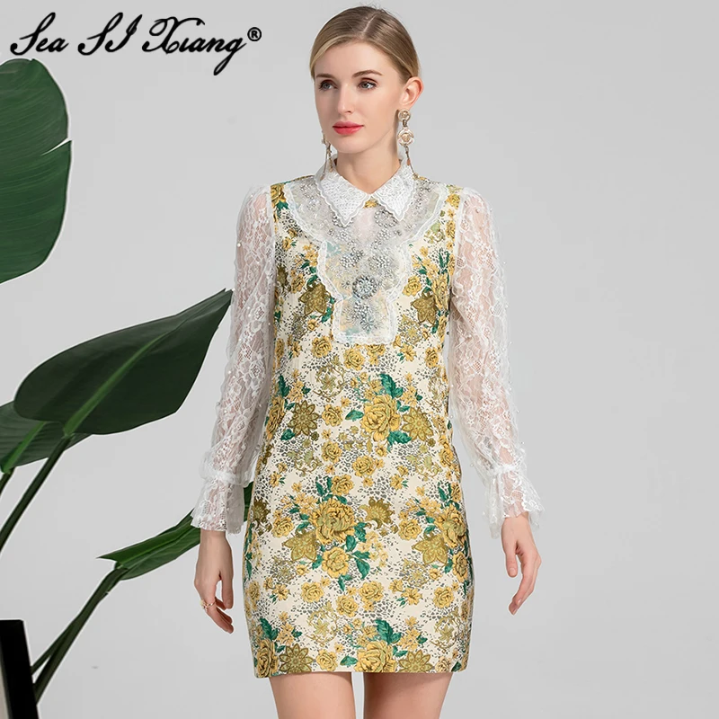 

Seasixiang Fashion Designer Autumn Mini Dress Women Embroidery Turn-down Collar Lace Long Sleeve Beading Vintage Print Dresses