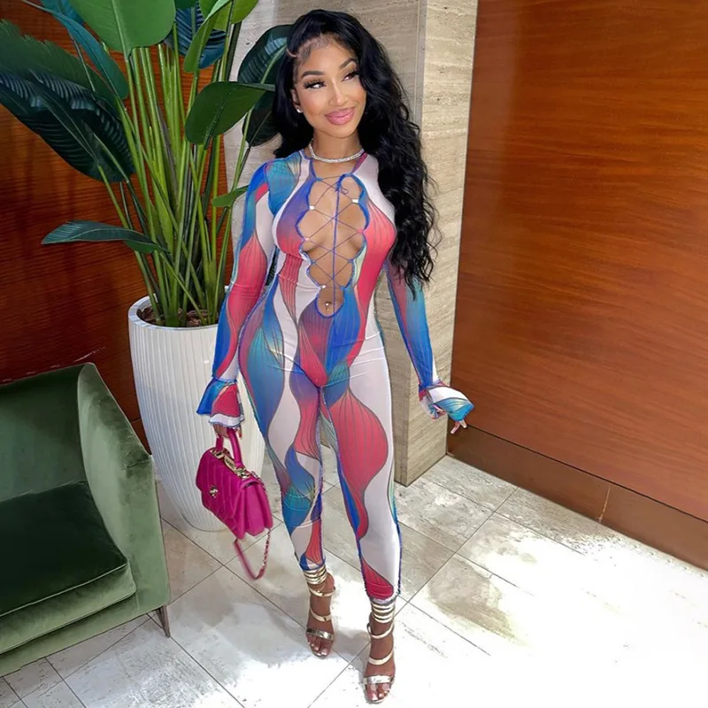 

Женский комбинированный комбинезон, сетчатый комбинезон Y2k с принтом, элегантная женская одежда, облегающий цельный комбинезон для женщин, ...