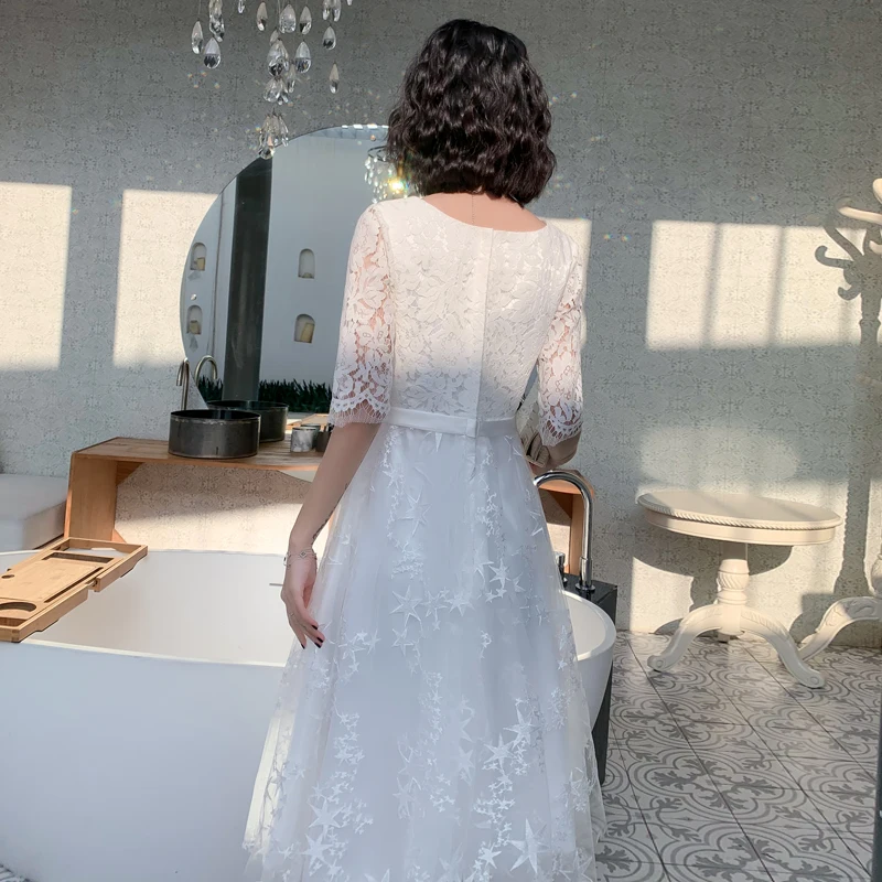 

White Lace Evening Dresses For Women 2020 Elegant O-neck Tea-length Medium Long Formal Gown For Birthday Party