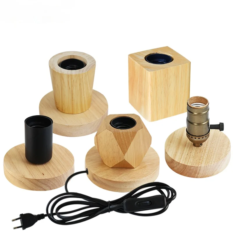 

Retro Wood Table Lamp 220V 110V E27 Socket Vintage Desk Lamp Base Holder EU Plug Bedside Indoor Decor Wooden Base Table Lighting
