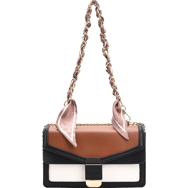 

color Square Contrast Armpit bag 2021 New High-quality PU Leather Women's Designer Handbag Ribbon Chain Shoulder Messenger Bag