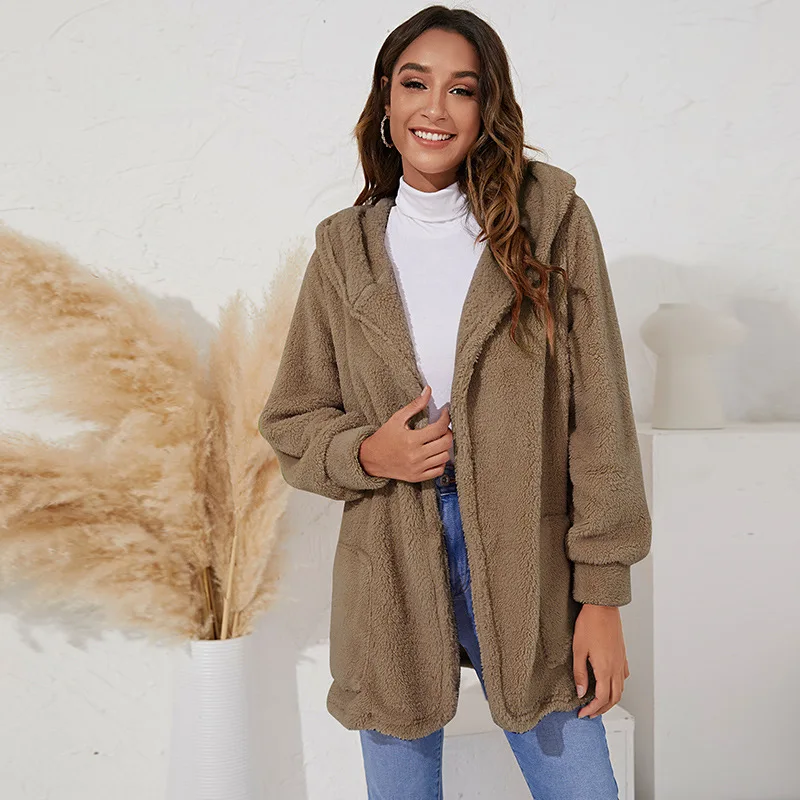 

S-5XL Faux Fur Teddy Bear Coat Jacket Women Fashion Open Stitch Winter Hooded Coat Female Long Sleeve Fuzzy Jacket 2021 Hot New