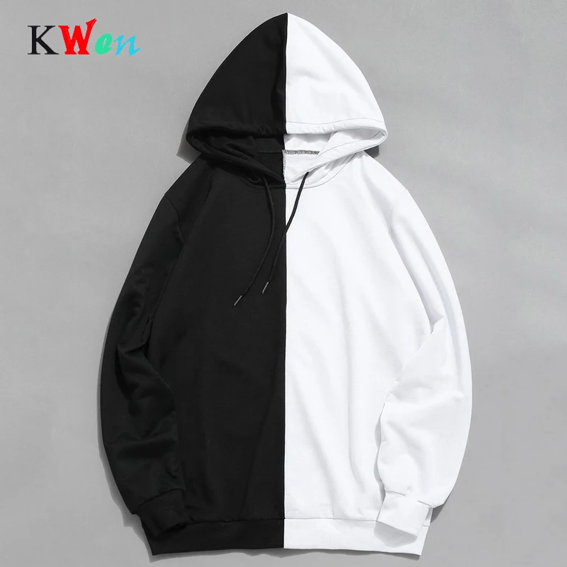 2020 Masculino Com Capuz Moda Manga Longa Dos Homens Metade Preto Branco Fresco planio Retalhos De algodano Moletom|Мужские толстовки