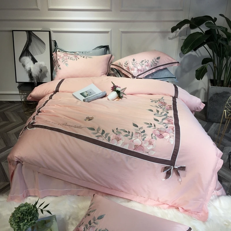 

Vintage Flowers Embroidery Duvet cover set Premium Egyptian Cotton Bedding Set Comforter Cover Bed sheet Pillowcase Queen King