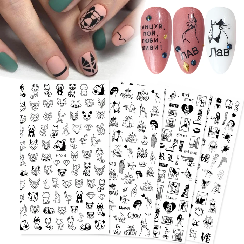 

3D Nail Stickers Black Lines Geometric Leaves Heart Nail Design Adhesive Sliders for Manicure Decoration Art Decals CHF634-643