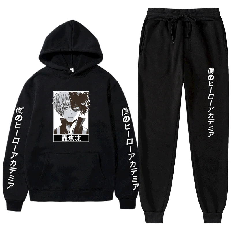 

2-Piece Set Anime My Hero Academia Hoodies Shoto Todoroki Sweatshirts+Pants 2021 Men/Women Hooded Streetwear Hip Hop Men's Sets