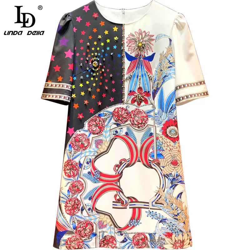

LD LINDA DELLA Summer Fashion Runway Designer Dress Women Beading Geometric Printed Elegant Vintage Ladies Vacation Mini Dresses