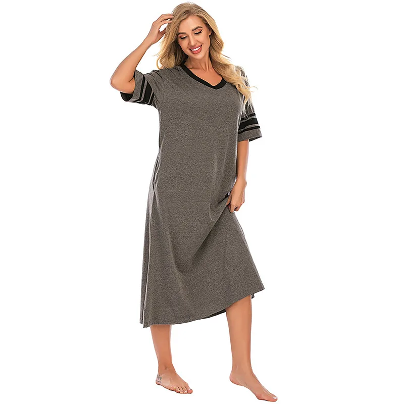 Sleepwear Women Spring and Summer New Comfortable V-neck Loose Contrast Short-sleeved Home Service Sexy Nightwear Sleep Tops
