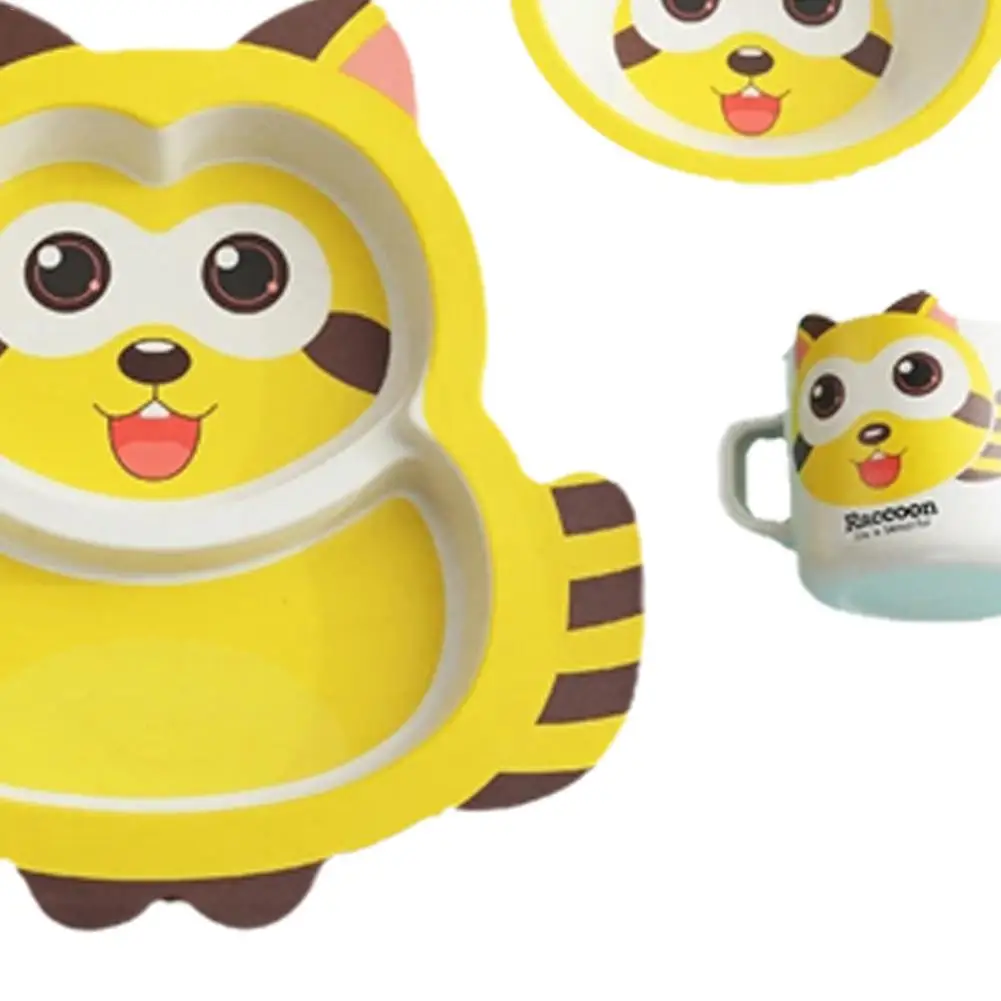 

Bamboo Fiber Baby Tableware Children's Bowl And Plate Creative Cartoon Grid Plate Baby Rice Bowl Five-piece Gift Tableware