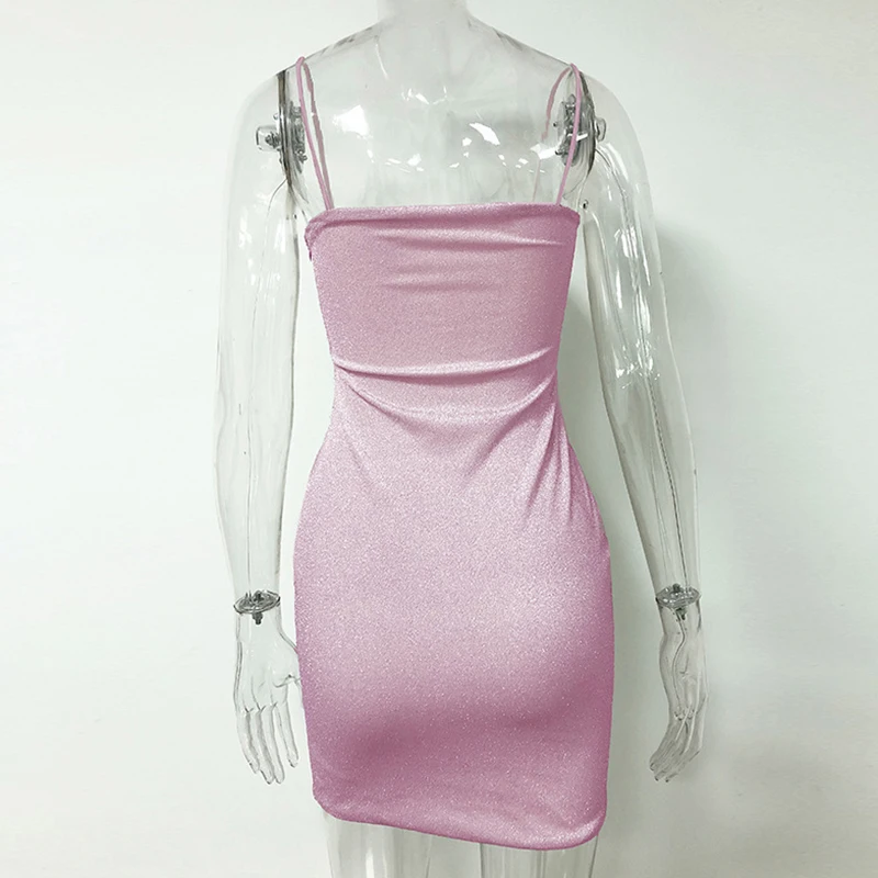 

Shiny Mini Dress Women Spaghetti Strap Backless Low Cut Slim Dresses Summer Sexy Night Party Clubwear Solid Color Basic Vestidos