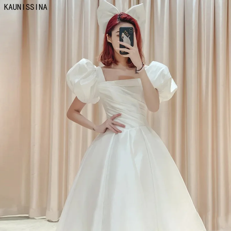 

KAUNISSINA Summer Princess Party Gowns Short Puff Sleeve Square Collar Cocktail Dress Tea-Length Bow Satin Homecoming Dresses