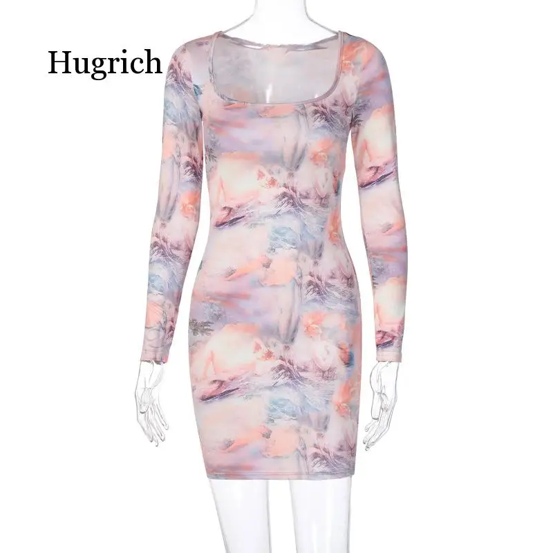 

Painting Vintage Women Long Sleeve Bodycon Bandage Sexy Streetwear Party Clubwear Elegant 2021 Summer