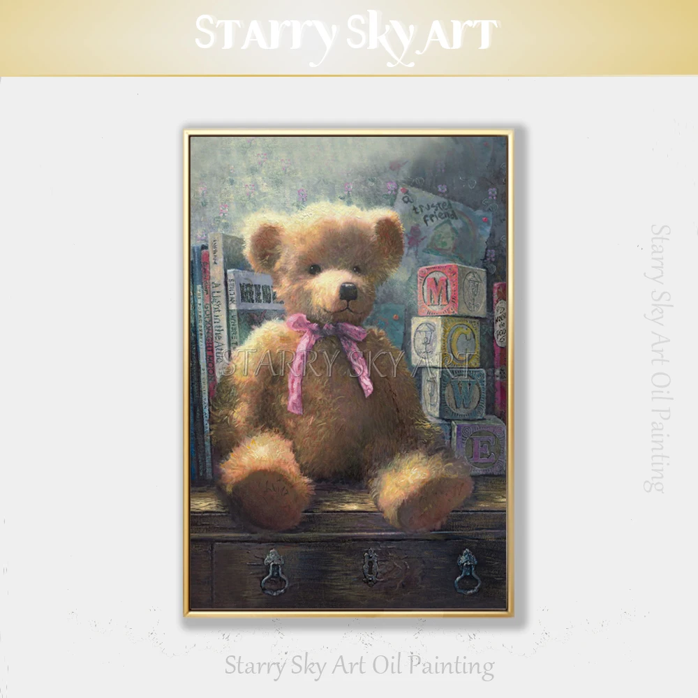 

Hand-painted High Quality Wall Decor Bear Doll Oil Painting on Canvas Special Wall Art Bear Doll Oil Painting for Special Gift