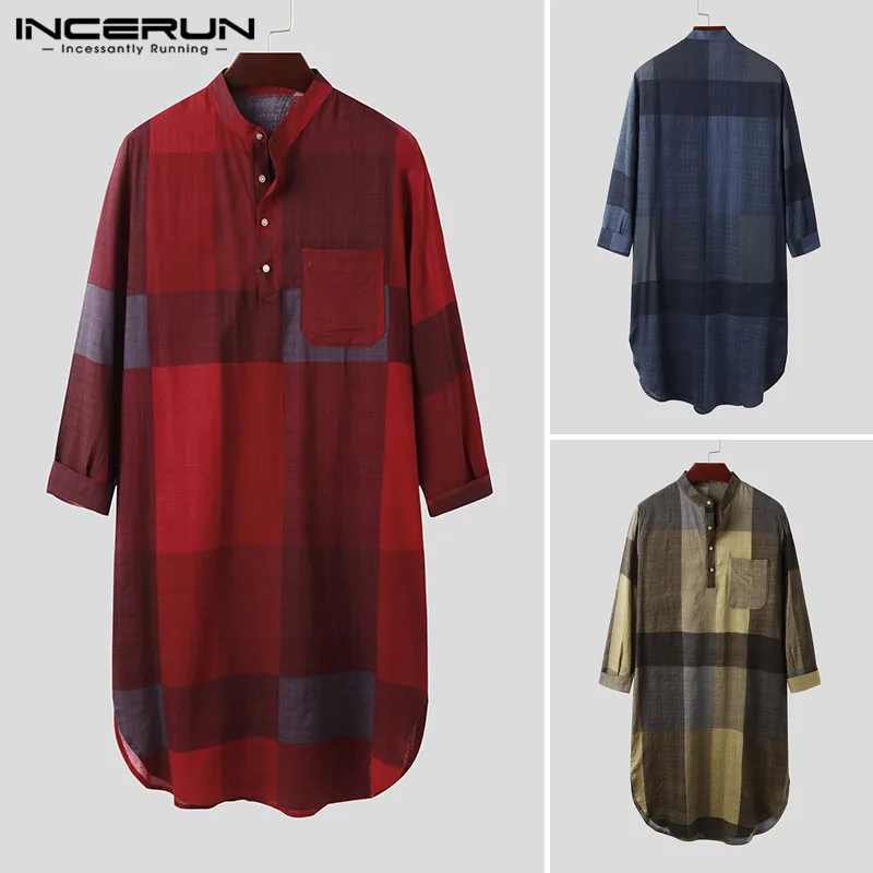 Ночная рубашка INCERUN мужская с длинным рукавом Хлопковая пижама круглым вырезом и