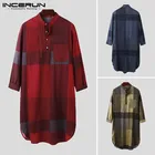 Ночная рубашка INCERUN мужская с длинным рукавом, Хлопковая пижама с круглым вырезом и карманами, модная клетчатая Пижама, уютная одежда для сна на пуговицах, размера плюс 7