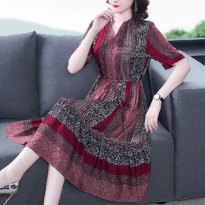 

High End Heavyweight Silk Dress Women's Summer 2021 New Mid Long Slim Mulberry Silk Loose Retro Dress