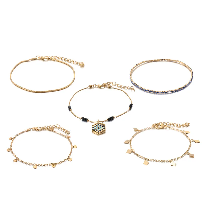 Vintage Fashion Multilayer Chain Ankle Anklets For Women Trendy Blue Crystal Metal Sequin Charm Anklet Foot Jewelry | Украшения и