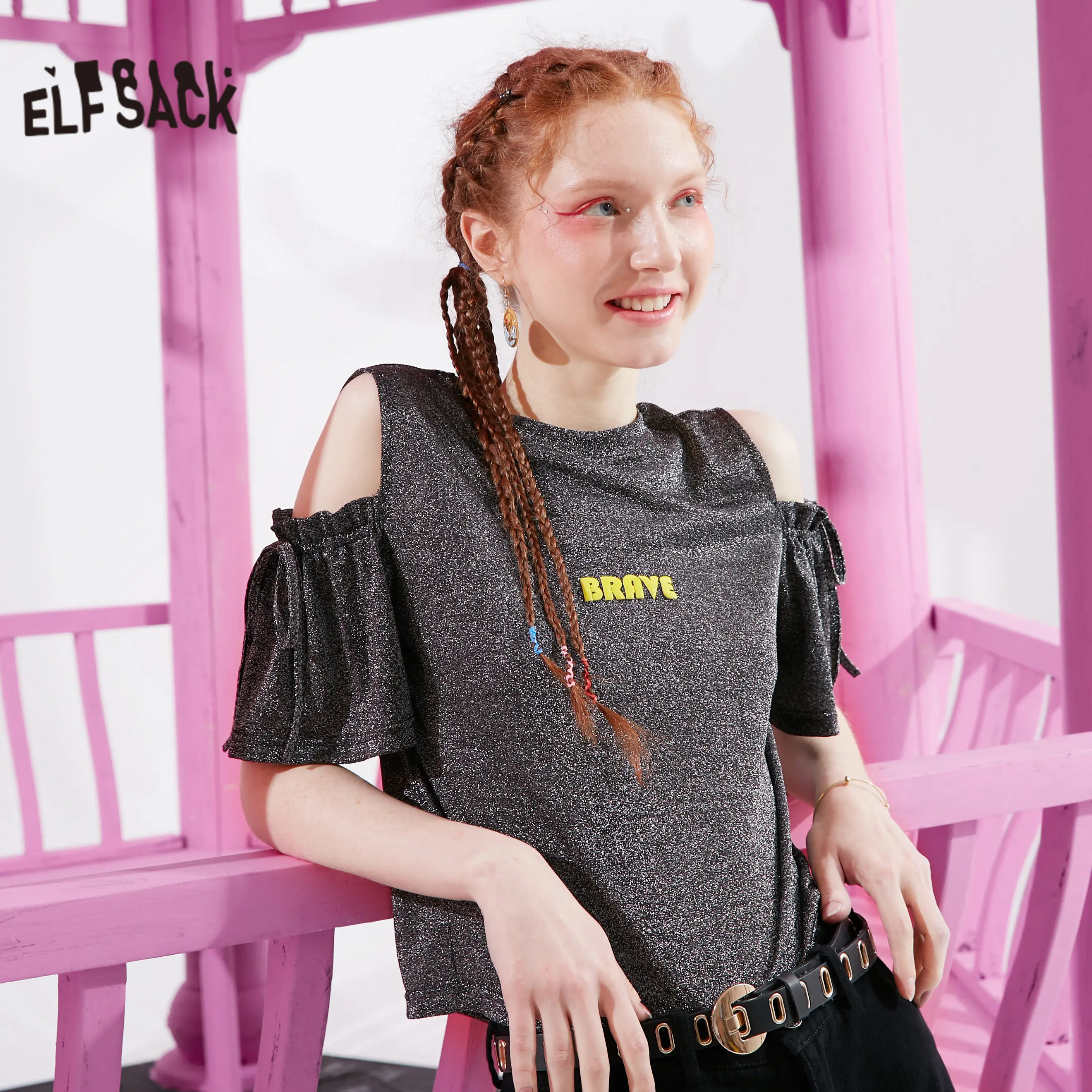 Женские яркие вязаные футболки ELFSACK черные однотонные повседневные ELF с коротким