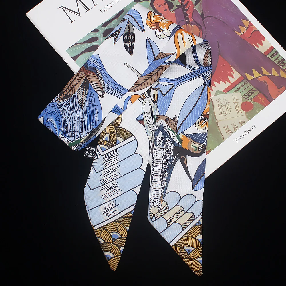 

2021 New Korean Version of Ins Flower and Bird Ladies Small Silk Scarf Tied Bag Handle Ribbon Headband Shawl Scarf Wholesale