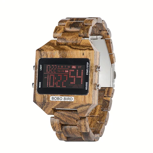 W-s30-2 BOBO BIRD, 4 цвета, светодиодный дисплей, цифровые часы для мужчин, многофункциональные часы с остановкой недели, деревянные часы в деревянной подарочной коробке, OEM, Прямая поставка - Цвет: W-s30-2
