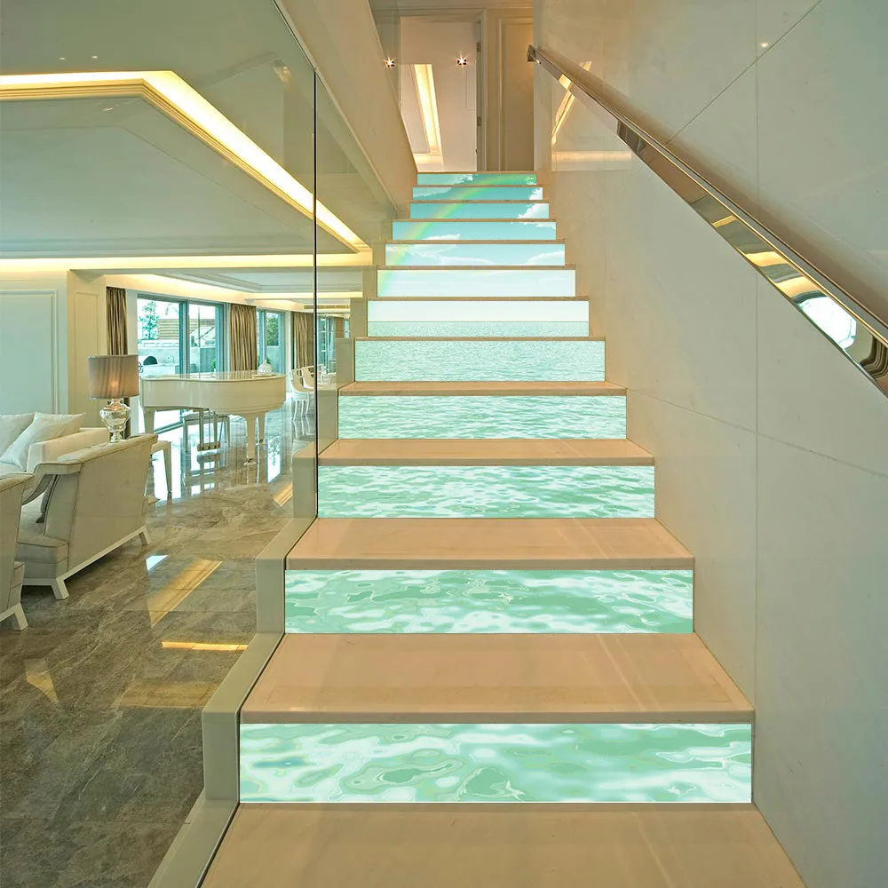 13Pcs/Set Green Sea Rainbow Stair Sticker Pvc Self-Adhesive Creative Living Room Decoration Home Waterproof Wall Stairs | Дом и сад
