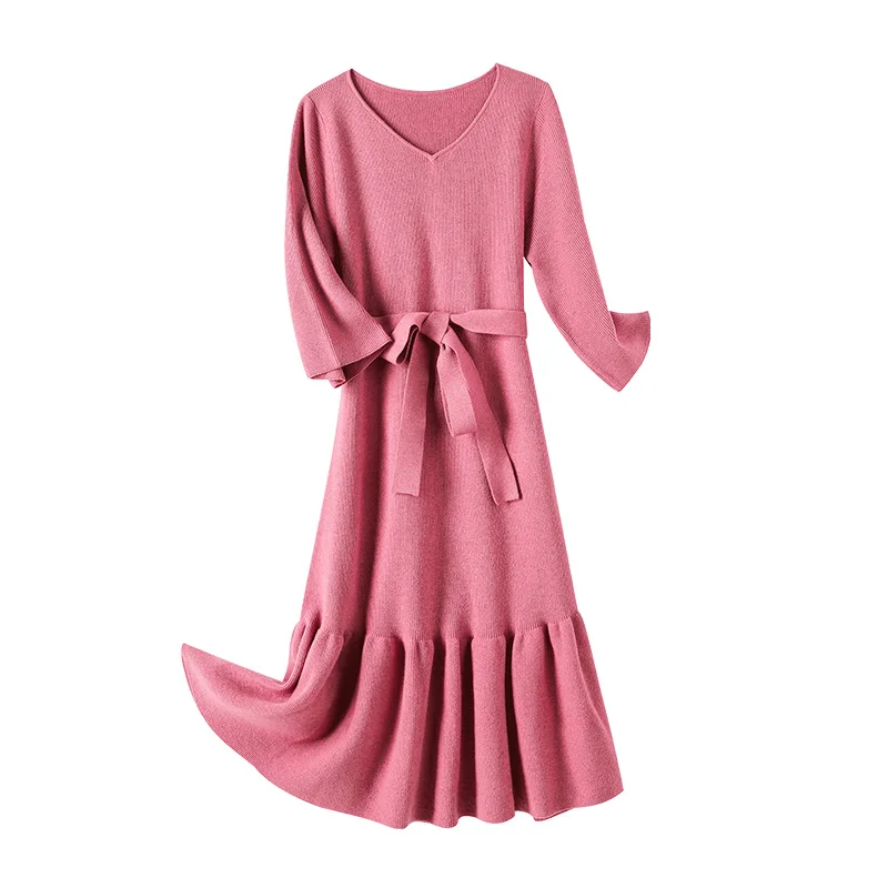 

Dabuwawa Elegant Women Knitted Dress Sexy V-neck Long Sleeve Pleated Belted Female Dresses Autumn Winter Slim Party DN1CDR008
