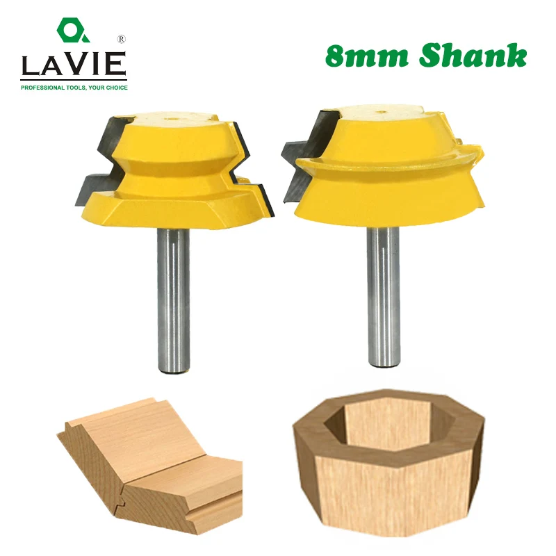 

LAVIE 2pcs 8mm Shank Lock Miter Tenon Router Bits 22.5 Degree Glue Joinery Milling Cutter Set for Wood Woodwork Cutter MC02065