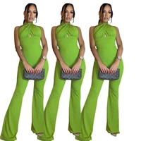 2022 spring new green backless jumpsuit women sexy hight waist halter bodycon jumpsuit skinny romper party night club outfits