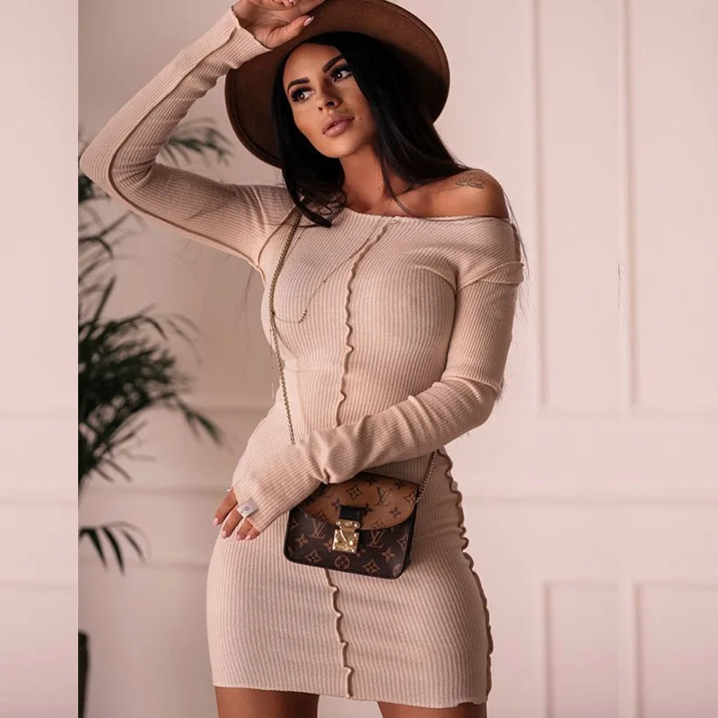 

Spring Summer Full Sleeve Knitted Dress Women 2021 New Casual Solid Slim Mini Hip Diagonal Collar Ladies Dress