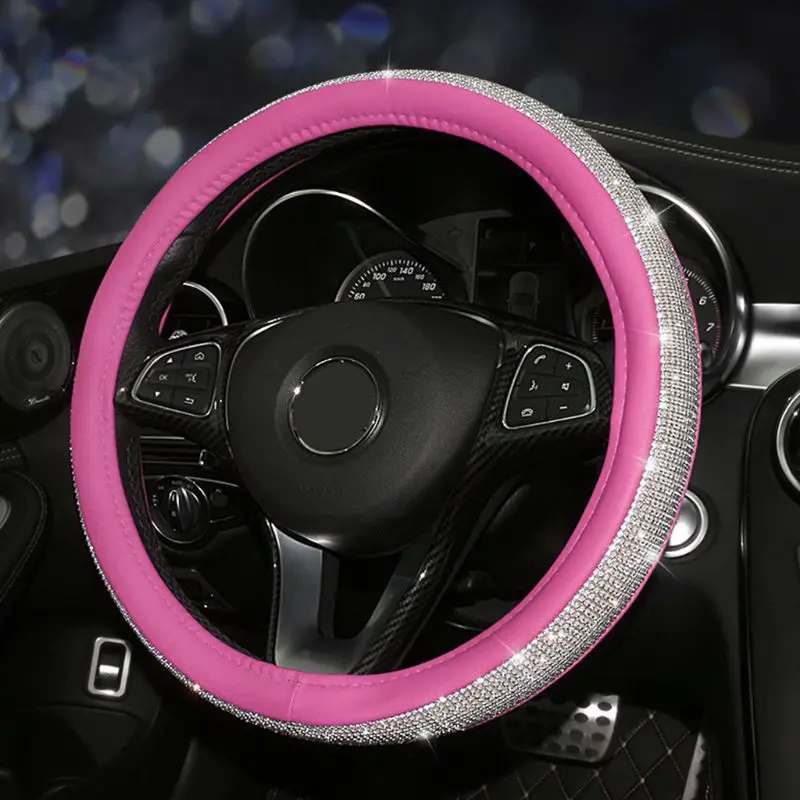 

Crystal Rhinestone Car Leather Steering Wheel Covers Steering-Wheel Cover Auto Car Interior Accessories For Women Girls