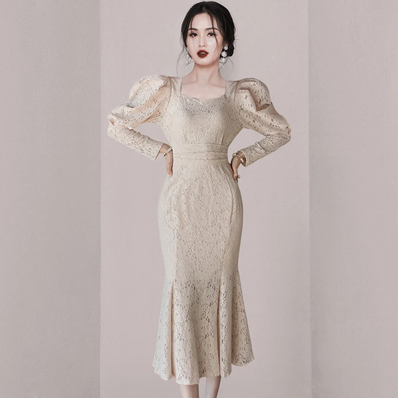 

Новинка 2021, Осеннее модное корейское длинное платье, женские облегающие кружевные ажурные платья с квадратным вырезом