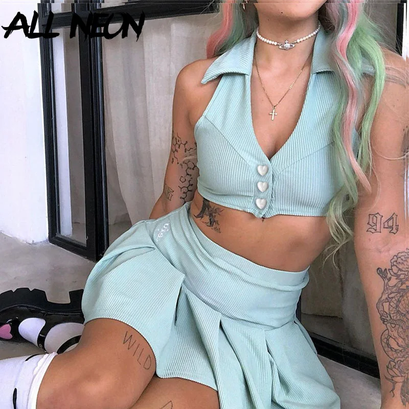 

ALLNeon Y2K Aesthetics Backless Ribbed Pink Co-ord Suits E-girl Fashion Halter Crop Tops High Waist Pleated Skirts 2 Piece Sets
