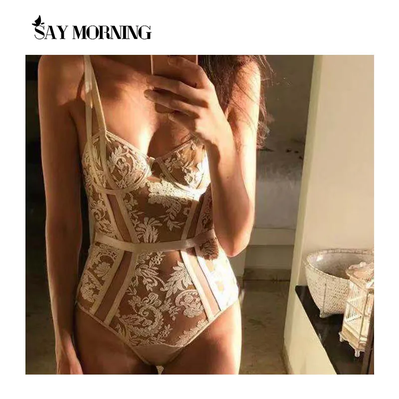 SAY MORNING 2022 Embroidered Hollow Sexy Women's Patchwork Bodysuit Underwear Set Lace Perspective One-Piece Erotic Lingerie |