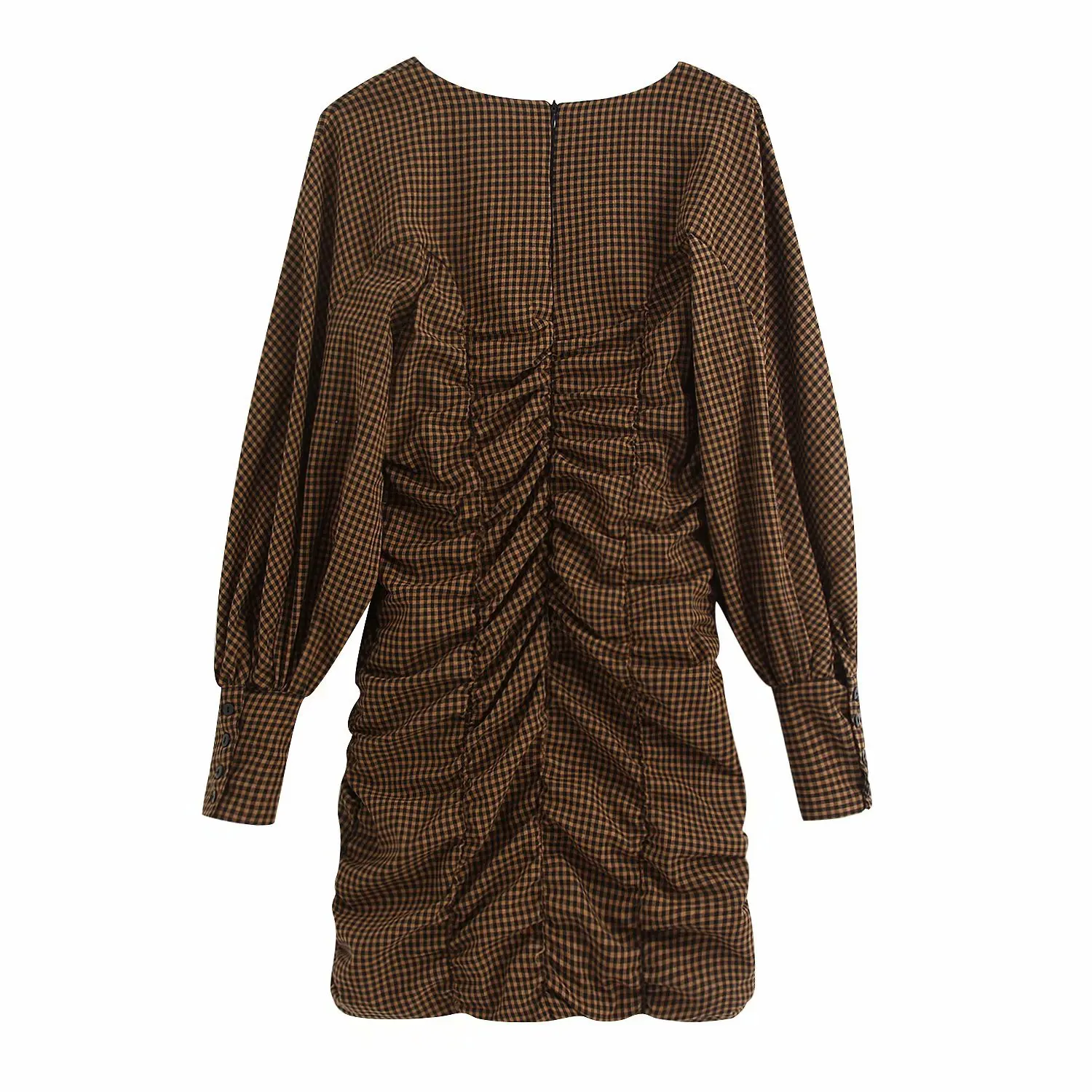 

2021 Winter New Plaid Women's Street Fashion Temperament Versatile Pleated Mini Sexy Crew Neck Lantern Sleeve Dresses