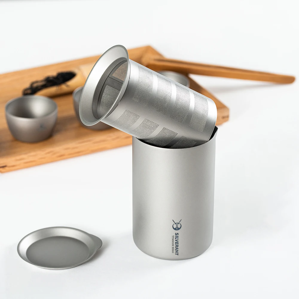 

350ml Titanium Sharp Mouth Tea Maker Healthy Tea Set Teapot Cup Mug with Titanium Strainer Lid for Outdoor Travel Home Office