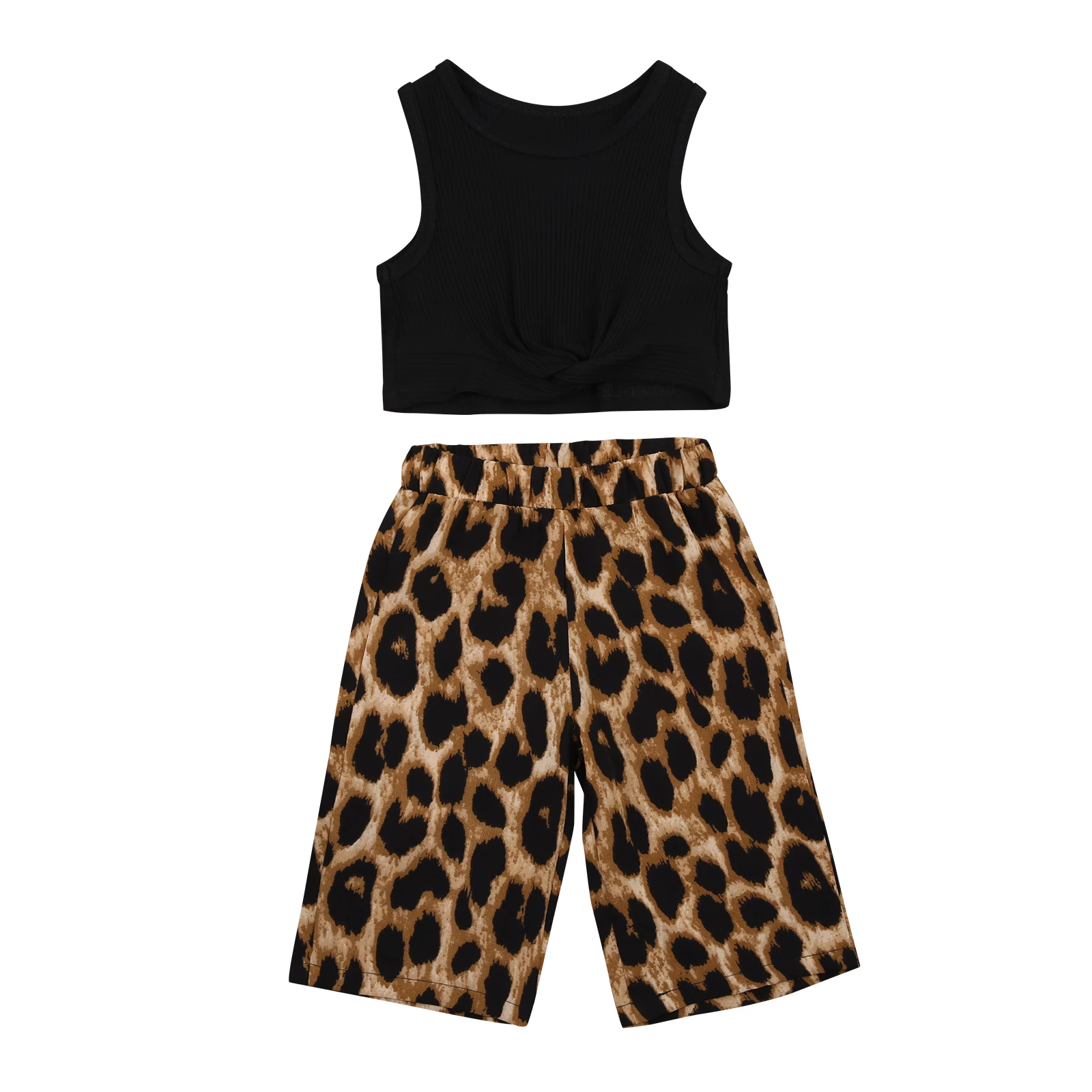 

2Pcs Children Summer Outfit Black O Neck Sleeveless Vest Top + Leopard Print Wide Leg Pants for Girls, 2-7 Years