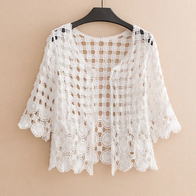 

2021 Summer Casual Loose Hollow Out Knitted Cardigans Women Elegant Three Quarter Open Stitch Coat Sun Protection Clothing L181
