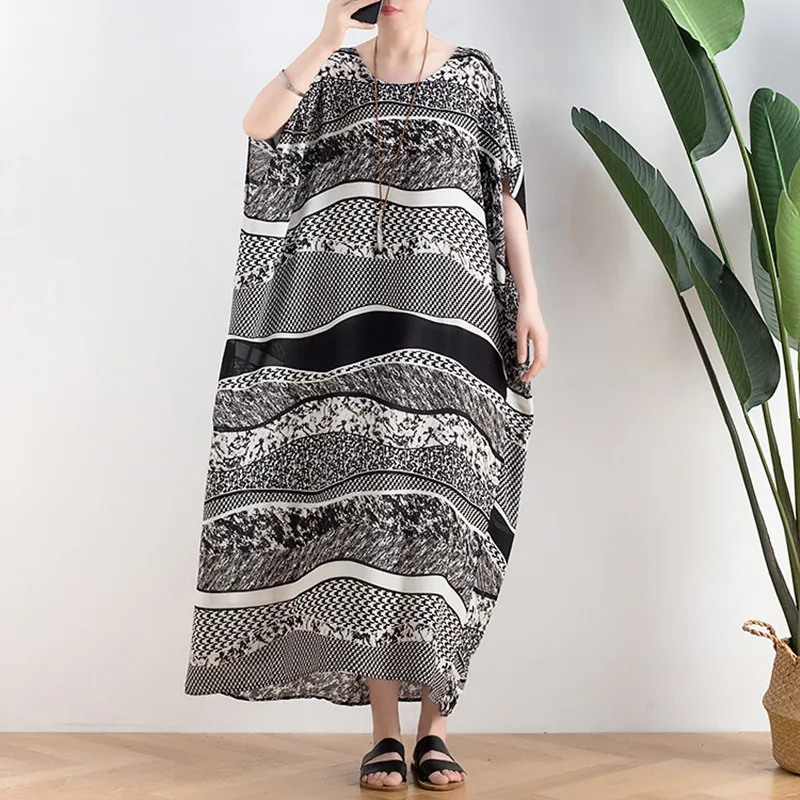 

Robe Longue Plus Size Women Runway Dress Summer Sundress Chiffon Female Vestidos Lady Long Dress Black and White Loose Femme