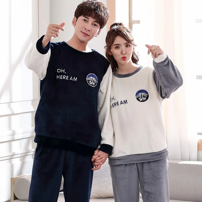 

Winter Thickened Flannel Large Loose Couple Pajamas Women's Round Neck Warm Men's Home Wear Set Couple Clothes Sleep Tops