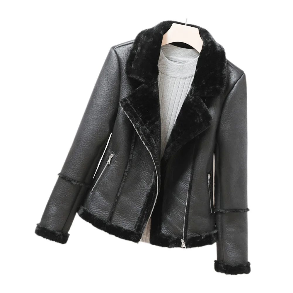 

Gothic Black Faux Leather Furry Jacket for Woman 2020 Autumn Winter Harajuku Kpop Korean Style Woman Clothing Indie Clothes